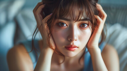 部屋で頭を抱える若いアジア人女性