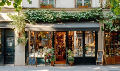 A store front with a black awning and a sign that says "Open"