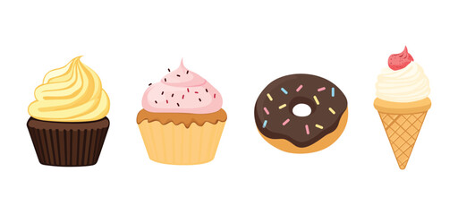 Set of vector illustration of popular desserts on white background