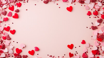 valentineâ€™s day confetti: a romantic frame made from pink and red heart-shaped confetti, arranged around a soft blush background, the sweet colors create a charming border