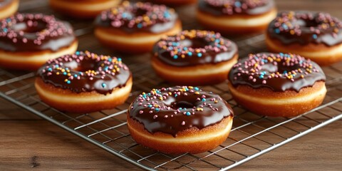 A rack of chocolate donuts with sprinkles on top