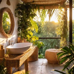 Relaxing bohemian bathroom with rattan accents and lush greenery for a natural feel