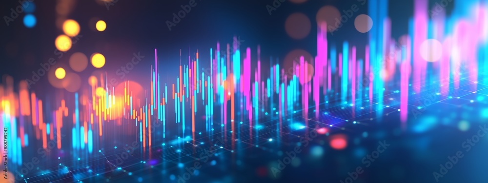 Poster colorful sound waves with bright lights creating a dynamic visual in a digital environment showcasin