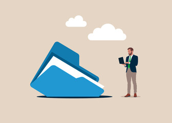 files folder fell into a pit. Files data  in folder. Organizing file and document in database. Flat vector illustration