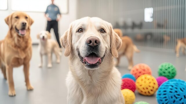 Dogs playing with colorful toys inside a spacious doggy daycare facility, supervised by staff   indoor play, dog daycare