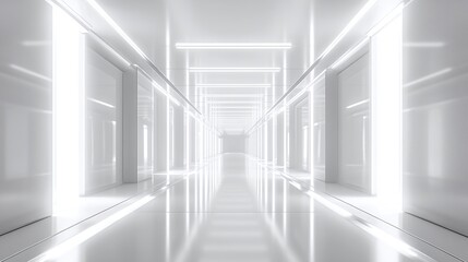 modern 3D interior design with a futuristic white silver background, neon corridor, and empty stage floor, creating a minimalist and abstract space technology environment