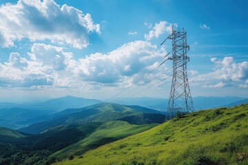 A tall power line tower is on a hillside with a clear blue sky
