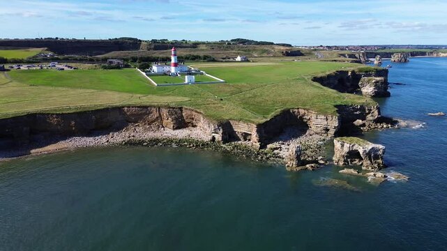 Aerial of Souter Light House, Little Marsden Rock and Elephant Rock. Whitburn - Sunderland, UK