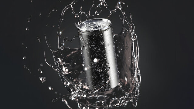 Black 280 ml soda can with drops splash mockup, depth of field