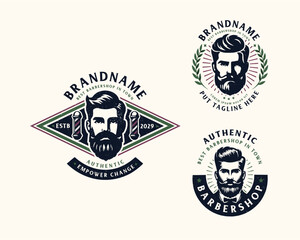 Naklejka premium Set bundle vintage barbershop gentleman beard and mustache logo for business company