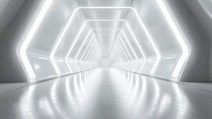 Naklejka premium modern 3D interior design with a futuristic white silver background, neon corridor, and empty stage floor, creating a minimalist and abstract space technology environment