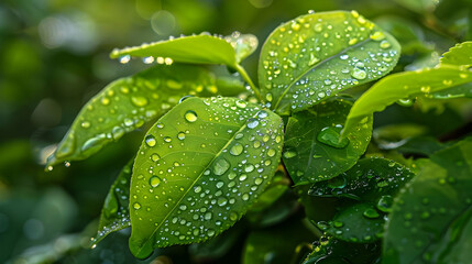 Close Up of Dew Drops on Green Leaves