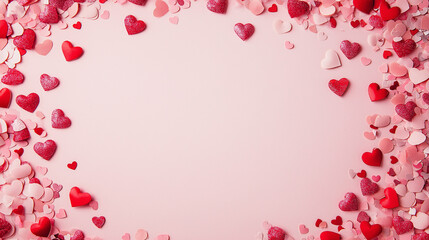 valentineâ€™s day confetti: a romantic frame made from pink and red heart-shaped confetti, arranged around a soft blush background, the sweet colors create a charming border