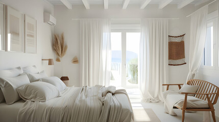 Fototapeta premium Minimalist Beach House Bedroom Interior Design with Ocean View
