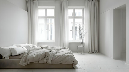 Minimalist Bedroom Design with White Walls and Large Windows