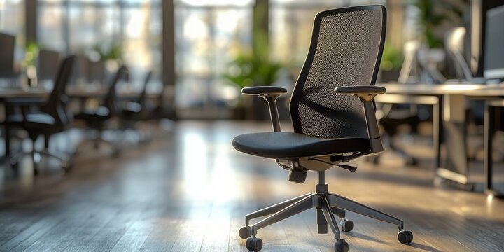 Sleek office chair surrounded by softly blurred workspaces, emphasizing contemporary design and functionality in a professional environment
