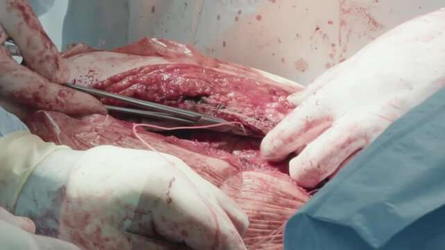 Doctor hands close incision with sutures. Skilled surgical team connects chest after sternotomy ending complicated coronary artery bypass surgery