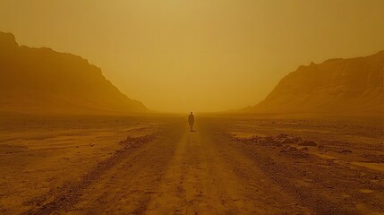 Fototapeta premium A lone traveler walks through a vast, dusty desert landscape.