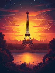 Illustration of Eiffel Tower from Paris, France Travel Poster in Colorful Flat Digital Art Style