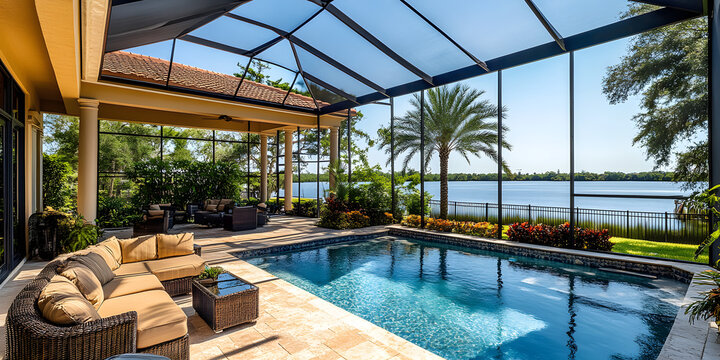 Florida luxury mansion lanai patio on the waterfront with screened in pool, exterior home design