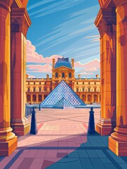 Illustration of Louvre Museum from Paris, France Travel Poster in Colorful Flat Digital Art Style