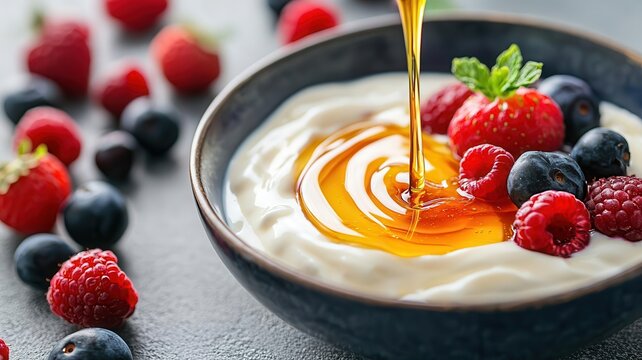 Golden agave syrup being swirled into a bowl of yogurt with fresh berries   agave syrup, sweetened yogurt