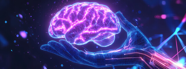 Levitating Brain Held by Digital Hand