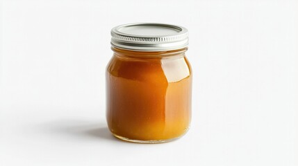 A petite glass jar of peach jam, with a tightly sealed metal lid, standing against a white background, perfect for gourmet food packaging and preserves.