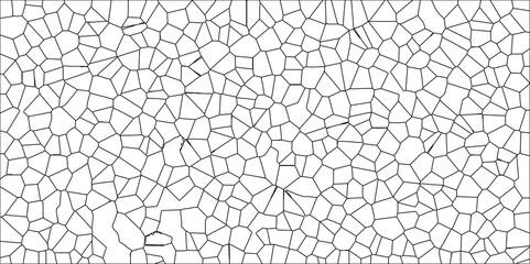 Abstract White Colored Broken Stained-Glass Geometric Retro Tiles Pattern w Black Lines & Quartz Crystal Voronoi Diagram Background for Website, Fabric Printing, Brochures, Luxury/Premium Packaging