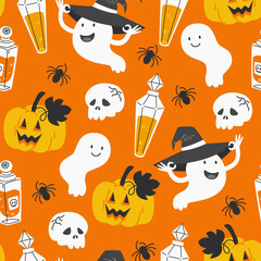 Halloween seamless pattern of pumpkin lanterns, potions, ghosts