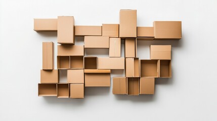 Obraz premium A pile of taped cardboard boxes in various sizes, organized neatly on a white backdrop, symbolizing mass shipping and packaging.
