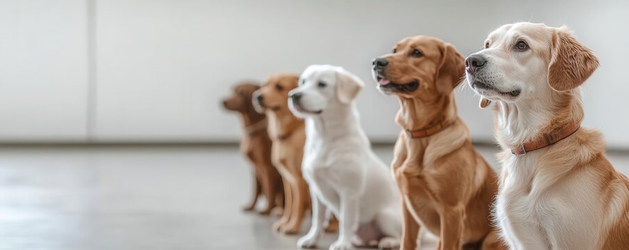Group of dogs being led through basic obedience training at a doggy daycare, practicing sit and stay   obedience training, dog daycare
