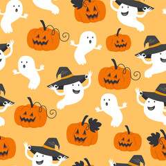 Naklejka premium Seamless Halloween Pattern with Pumpkin Lanterns and Ghosts in Witch Hats