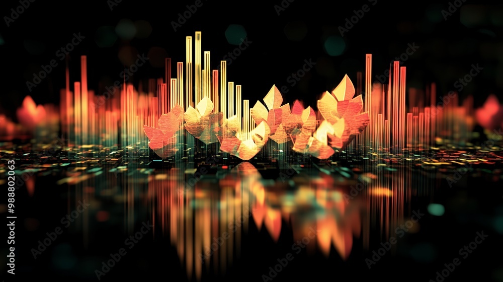 Poster colorful sound visualization with abstract patterns and reflections, demonstrating the harmony of mu