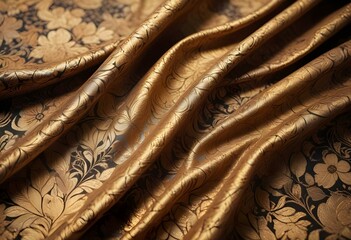 Ornate and intricate patterned fabrics in shades of gold, brown, and black. The fabrics appear to be decorative textiles or clothing, with floral and geometric designs