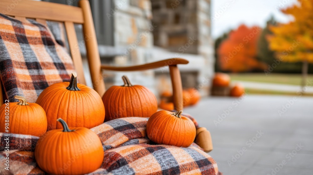 Wall mural A group of pumpkins sitting on a plaid blanket outside, AI