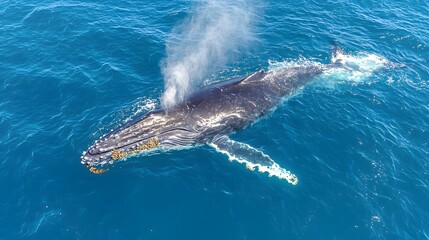 Naklejka premium A majestic humpback whale swimming gracefully in vibrant turquoise waters.
