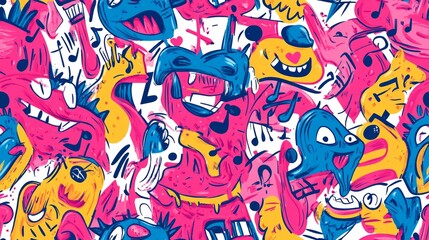 Colorful Seamless Pattern of Monster Doodles with Playful and Whimsical Characters in Vibrant Colors