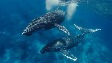 Two majestic humpback whales swimming gracefully underwater.