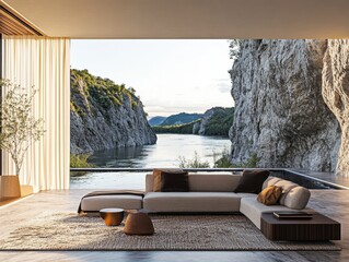 Fototapeta premium A large couch is in a living room with a view of a river. There are two pillows on the couch