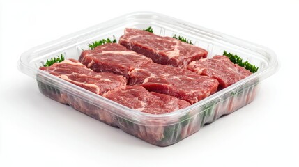 A sealed plastic tray with fresh beef cuts, isolated on a white background, representing high-quality meat packaging for supermarket shelves.