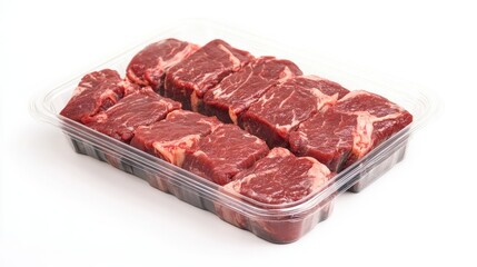 Fototapeta premium A sealed plastic tray with fresh beef cuts, isolated on a white background, representing high-quality meat packaging for supermarket shelves.