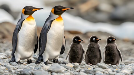 Fototapeta premium Two adult Emperor penguins with their four fluffy chicks on a rocky shore.