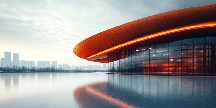 Modern sports arena with striking facade, city skyline in soft focus, vibrant urban atmosphere, contemporary architecture accentuated.