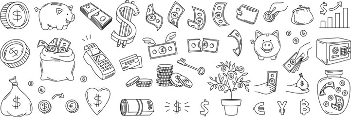 Doodle money. Banknotes and coins, money bag, credit card, piggy bank and currency symbols. Hand drawn financial savings, cashback and banking icons vector set