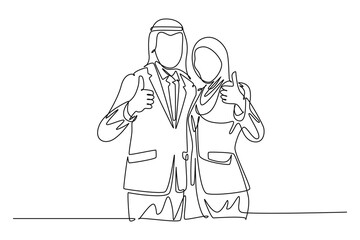 Single continuous line drawing young Moslem male and female workers give thumbs up to celebrate job promotion. Happy Arabian business couple at office. One line draw graphic design vector illustration