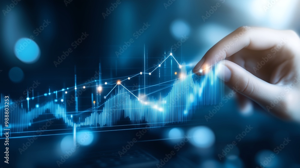 Poster hand interacting with digital financial data displayed on a touchscreen interface in a tech-driven e