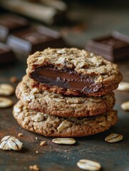 Fototapeta premium oatmeal cookies with chocolate filling. dark background, copy space
