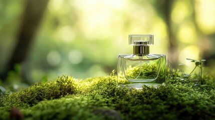 Elegant glass perfume bottle on top of moss, blending luxury fragrance with natural forest elements.