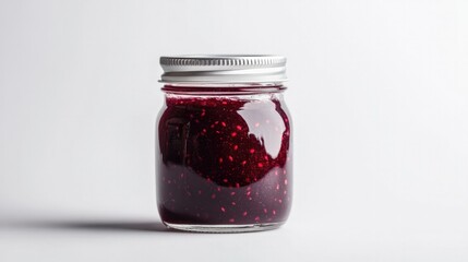 A small glass jar of mixed berry jam, tightly sealed with a sleek metal lid, set against a bright white background, representing artisanal food packaging.